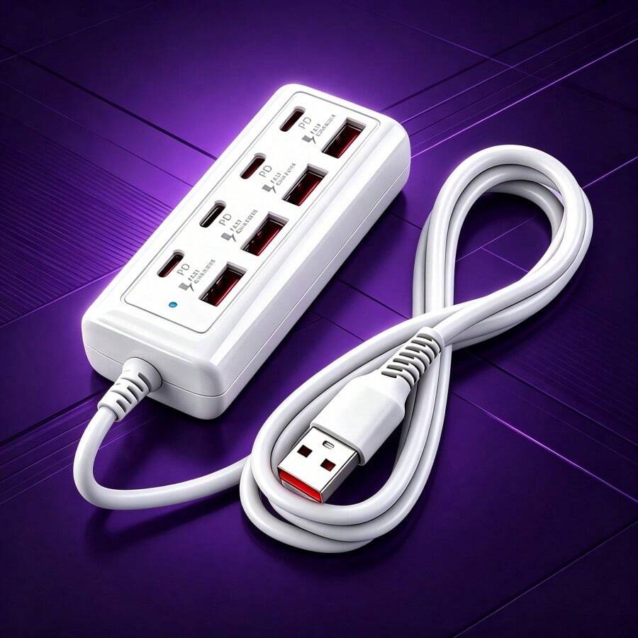 1pc 25W Fast Charging Wall Charger Station 8-Port USB Hub (4 USB-A + 4 Type-C PD Ports) - Can Simultaneously Charge Tablets/Laptops/Smart Devices - 8-Port USB Fast Charging Hub (4 USB-A + 4 PD Ports) - 25W Power Delivery, Compact USB Power Expansion Dock For MacBook, PC, Tablets, Smartphones - Compatible With USB-C Devices, Durable White Design, Suitable For Home/Office Use, Multi-USB Hub, Device Charging Station