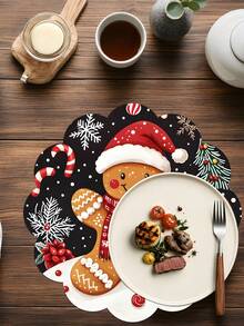 2/4/600pcs Christmas Party Flower-Shaped Placemats - Gingerbread Man With Christmas Hat, Berry Pattern; 13.78 Inch Linen Material; Tabletop Decor Non-Slip, Heat-Resistant And Machine Washable - Multicolor - View 5