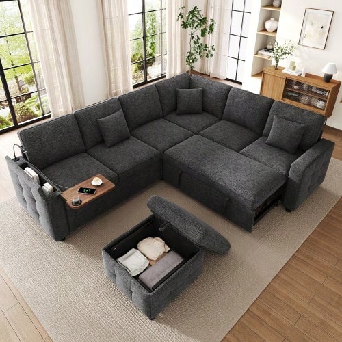 Sofá esquinero XXL en forma de L para 7 personas, extensible y convertible en cama con función de descanso. - Gris - Ver 1