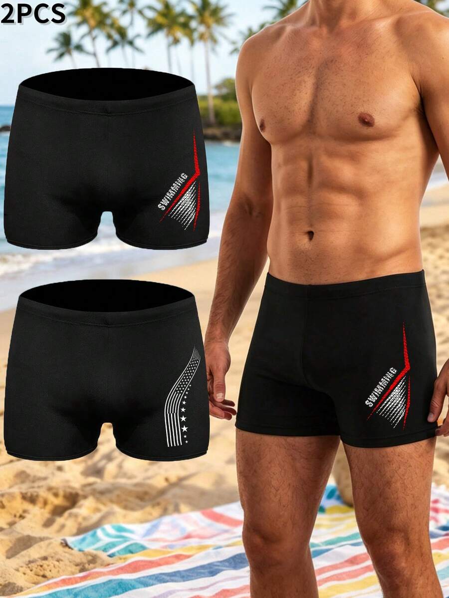 2 Packs Men's Tight Fit Printed Swim Briefs , With Adjustable Drawstring For Beach Pool Surfing Summer Daily Water Activities Boxer Briefs - Black - View 1