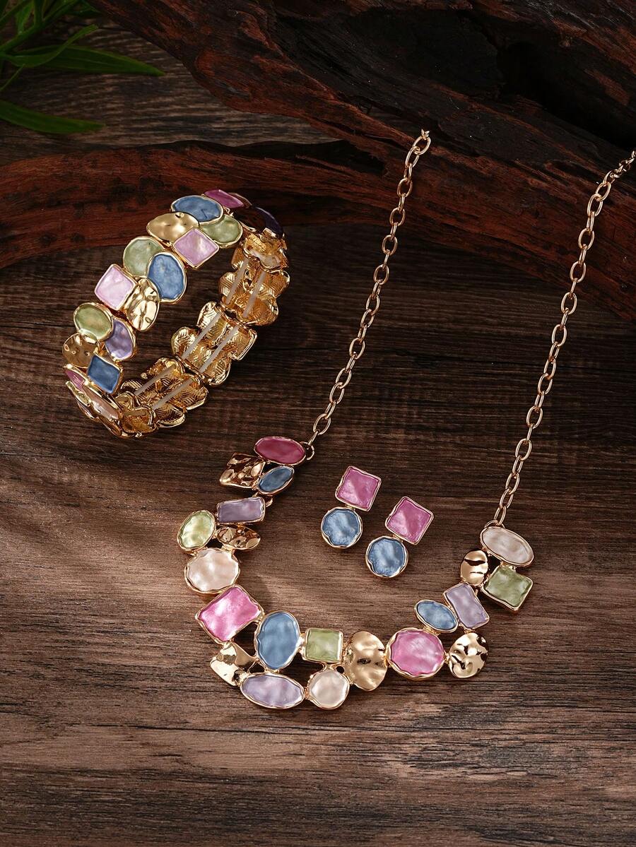 Cring Coco 3Pcs Women Multicolor Pastel Enamel Jewelry Set Golden Tone Chunky Statement Necklace Drop Earrings Open Cuff Bracelet Color Block Matching Jewellery - Geometry 1 - View 1