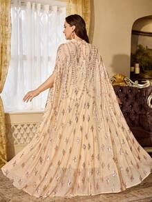 Plus Size Women's Heavy Beaded Embroidery Sequin Glamorous Stand Collar Elegant 2 Pieces Arabian Dress, Suitable For Ball And Multiple Occasions Fall - Apricot - View 8