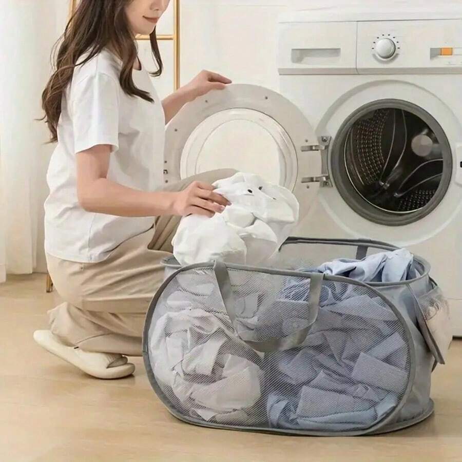 1pc Pop-Up Mesh Laundry Basket, Foldable Large Capacity Laundry Basket With Handles And Side Pockets, Breathable Portable Storage Bin For Bathroom, Dorm, Home, Toys And Clutter Organization