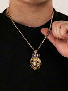 1pc 18K Gold Plated Fashion Hip Hop Style Cubic Zirconia Inlaid Blue Enamel Cross & Crown Lion Stainless Steel Necklace Party Styling Accessory - Lion - View 1