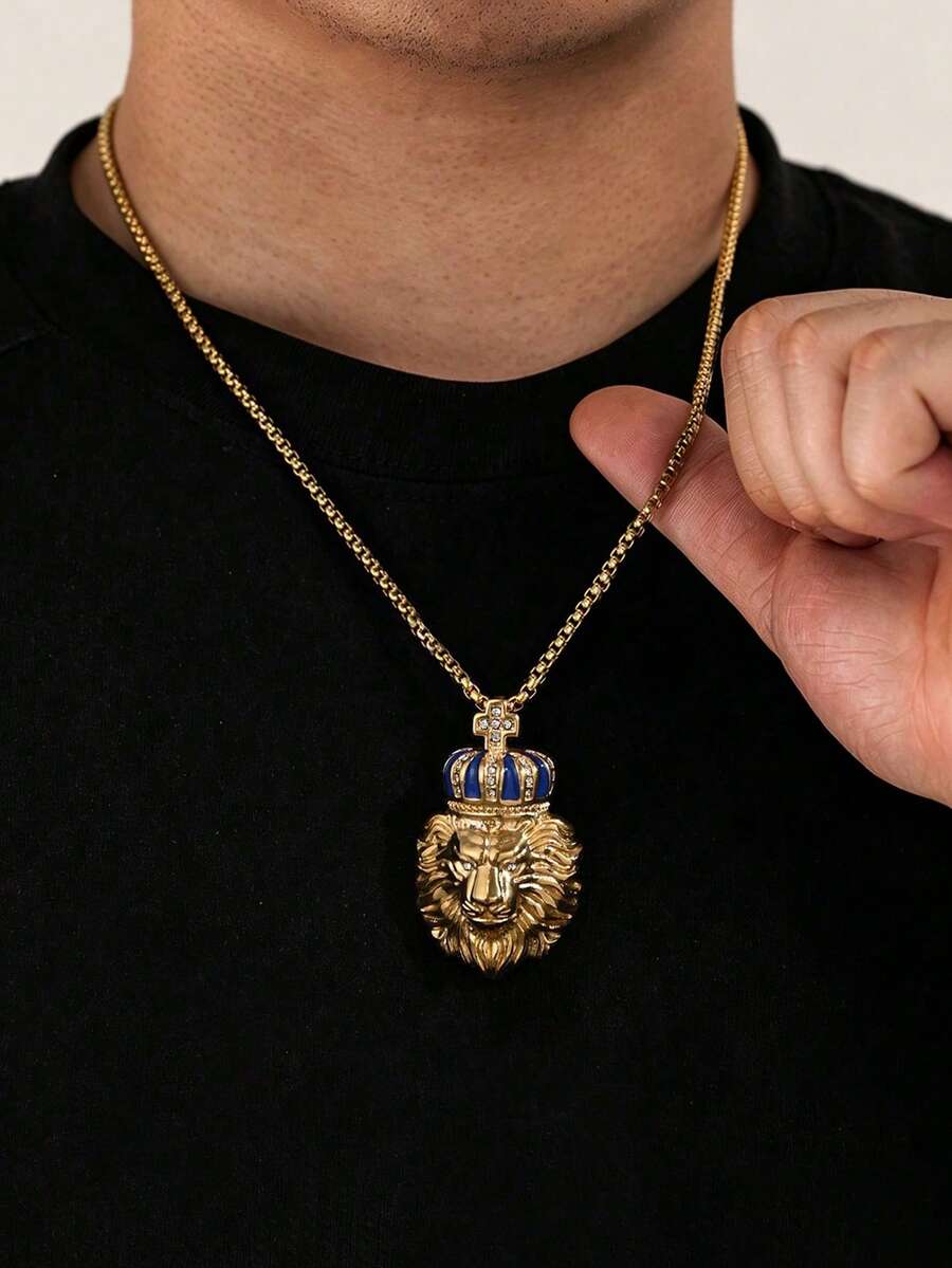 1pc 18K Gold Plated Fashion Hip Hop Style Cubic Zirconia Inlaid Blue Enamel Cross & Crown Lion Stainless Steel Necklace Party Styling Accessory - Lion - View 1
