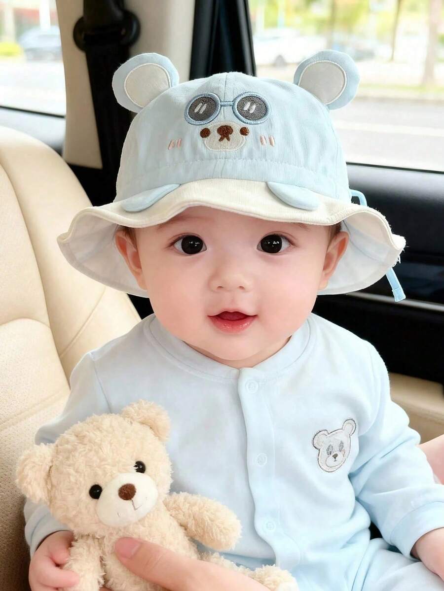 1 buah Topi Bayi Bergambar Beruang Lucu dengan Kacamata, Topi Ember Tipis Pelindung Matahari Musim Semi/Musim Gugur untuk Bayi Perempuan, Topi Ember Balita yang Dapat Diatur Ukurannya - MultiWarna - View 1