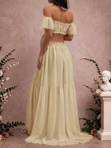 Maternity Strapless Ruffle Hem Dress, Chiffon Moderate Stretch Ruffle Detail Front Slit Ruffle Hem Maternity Photography Baby Shower Party Dress Fall - Apricot - View 2