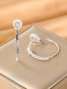 1 Pair Fashionable New Rhinestone Cross Circle Clip-On Earrings For Women, No Piercing Required, Elegant Elegant Ear Jewelry - Ear Clip - View 5