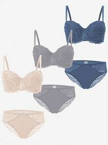 3 Sets Women's Lace Lingerie, Including Elegant Underwire Push-Up Bra And Breathable Triangle Panties - Multicolor - View 5
