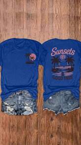 100% Cotton Unisex Round Neck Short-Sleeve T-Shirt With Palm Tree And Sunset Pattern, And The Words "FOREVER CHASING Sunsets" On The Back. Summer Wome - BU01 - 查看 1
