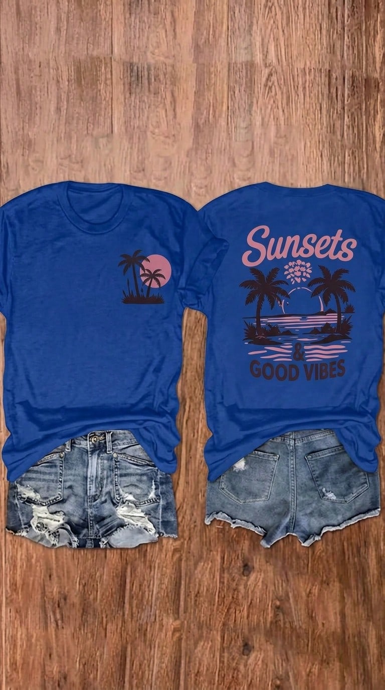 100% Cotton Unisex Round Neck Short-Sleeve T-Shirt With Palm Tree And Sunset Pattern, And The Words "FOREVER CHASING Sunsets" On The Back. Summer Wome - BU01 - 查看 1