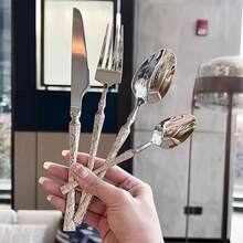 4pcs Luxury European Style Tree Pattern Stainless Steel Western Cutlery Set, High-End Hotel Restaurant Steak Knife Fork Spoon Tableware - Multicolor - View 11