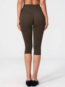 NcmRyu Women's 1pc Solid Color High Waist Tummy Control Butt Lifting Slim Fit Sports Mid-Length Shorts - Coffee Brown - View 3