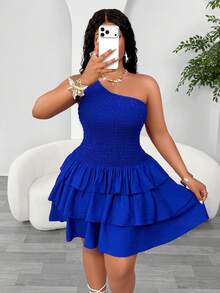 Women's Plus Size One Shoulder Ruched Fitted Flared Dress, Knee Length Layered Woven Fabric, Suitable For Party Wear Elegant Summer - Royal Blue - View 5