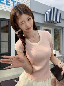 RUIWY Women's Ribbed Knit Crew Neck T-Shirt, Contrast Trim, Pink Preppy Style Short Sleeve Top With Bow Embroidery, Knit Pullover Short Sleeve Shirt, Summer & Autumn - Pink - View 4