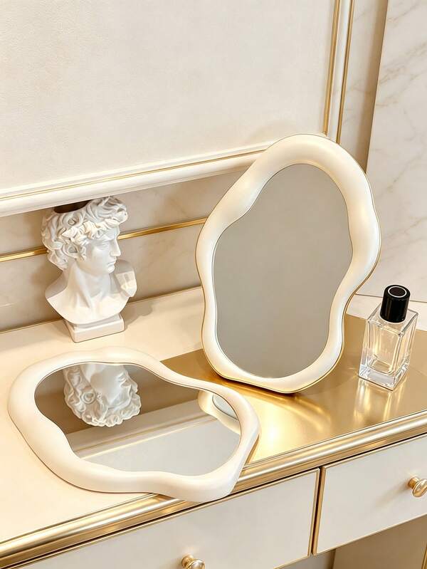 1Pc Irregular Wavy Framed Wall & Tabletop Makeup Mirror, Multi-Purpose Aesthetic Decor Vanity Mirror, Portable Cosmetic Mirror, Available In White & Pink, Perfect Gift For Girls, Women, Lovers & Family Bedroom Daily Use