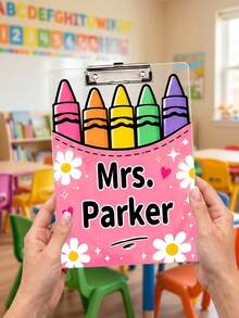 1pc Custom Teacher Name Crayon Bucket Clipboard, Personalized Cute Rainbow Crayon Writing Board, Pastel Pocket Art Clip Board,Teacher Appreciation Gift,Back To School,OfficeDesk Decor,Teacher Gift - Multicolor - View 11