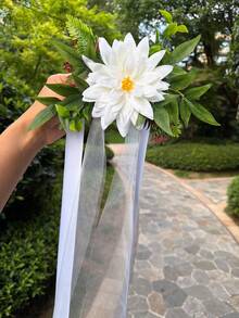 1件裝白色大麗花花卉窗簾束帶，附透明薄紗緞帶，綠葉人造花窗簾掛鉤，波希米亞風窗簾裝飾，適用臥室居家裝飾 - 1PC - 查看 4