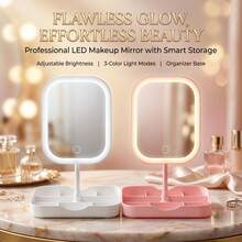 مرآة مكياج LED بحلقة مستطيلة مستديرة من مواد فاخرة، مع صينية تخزين مدمجة متعددة الأقسام، تحكم باللمس قابل للتعديل في السطوع والتعتيم، مرآة سطح مكتب بلونين أبيض ووردي، مناسبة للفتيات والنساء كأداة تجميل للحمام والمنزل، بطارية 500mAh - متعدد الألوان - مشاهدة 2