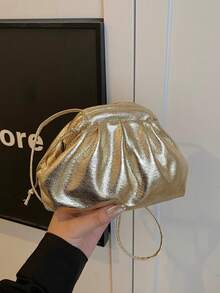 Women's Fashion Pleated Cloud Crossbody Bag, Casual Commute Minimalist Clasp Shoulder Phone Bag, PU Material - Gold - View 6