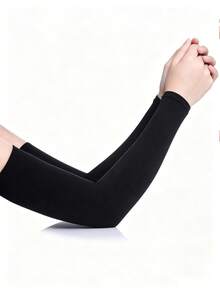 2 Pairs Spring/Summer Fashion Minimalist Sun Protection UV-Resistant Moisture-Wicking Elastic Ice Silk Fabric Solid Color Long Over-Elbow Arm Sleeves For Outdoor Sports, Travel, Cycling, Driving - Black - View 3