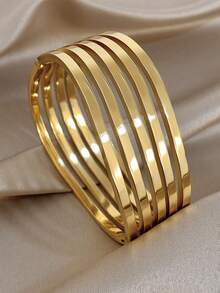 18k Gold Plated Stainless Steel, 5-Layer Wavy Stainless Steel Gold Bracelet, Women's Bracelet, Stainless Steel Jewelry, Designer Jewelry, High-Quality Luxury Jewelry, Thick Bracelet, Gold Plated Jewelry, Suitable For Daily, Date, Party, Holiday Season, Back To School Season, Summer Jewelry, Beach Jewelry, Women's Beach Accessories, Birthday Gift, Girlfriend Gift, Mother Gift, Bohemian Jewelry - Multicolor - View 6