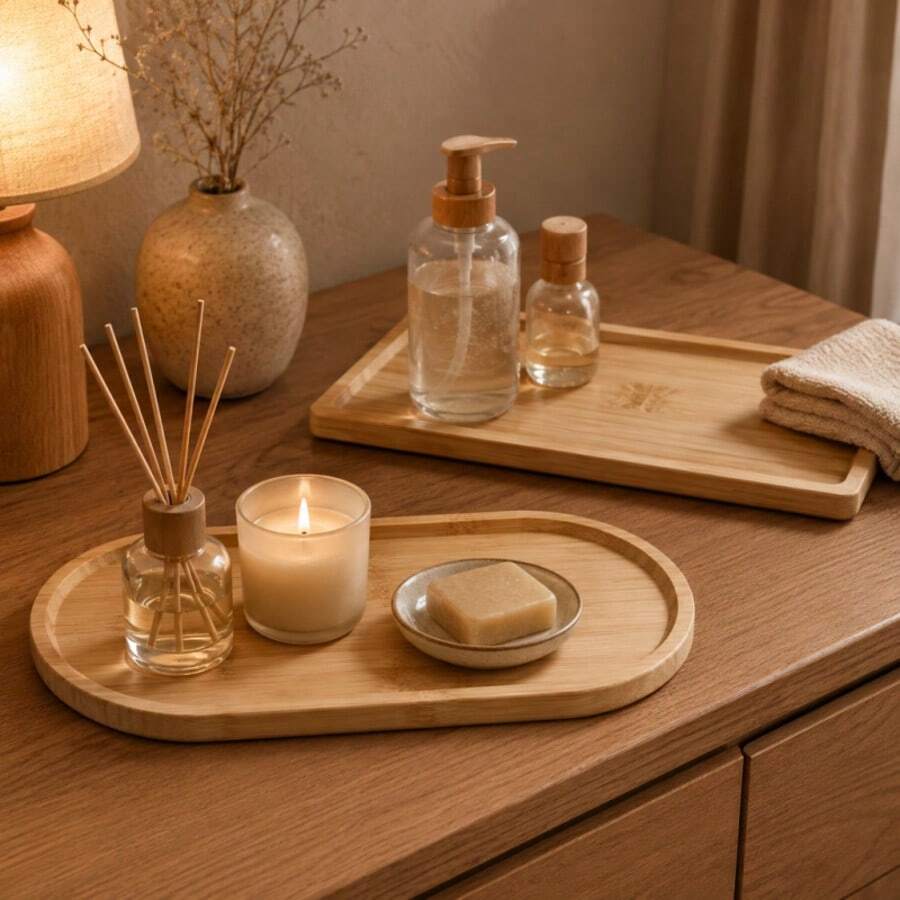 5Pcs Multi-Scene Multi-Functional Bamboo Oval Coasters, Multi-Use Bathroom Decor Tray, Aromatherapy & Jewelry Storage Dish, Table Decor For Christmas Thanksgiving Holiday Party, Non-Food Contact - Champagne - View 1