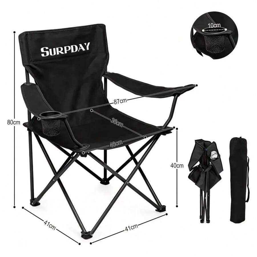 Silla Plegable Portátil Color Negro con Reposabrazos y Portavasos para Camping Playa y Salidas al Aire Libre - Negro - Ver 1