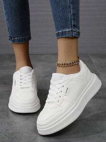 Women's Casual Thick Sole Sneakers, Light Blue Colorblock Fashion Walking Shoes, Low-Top Women's Thick Sole Casual Skate Shoes - White - View 2