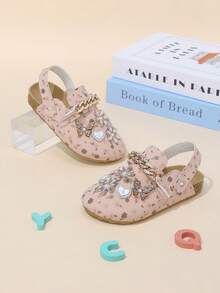 Sandalias cerradas de verano para niñas con flores 3D, mariposas, corazones, strass, cadena dorada e impresión, rosa - Rosa - Ver 7