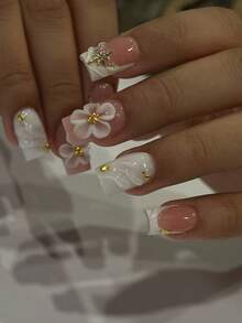 24片短方型3D凝膠美甲貼片，花卉珍珠法式美甲設計假指甲套組，含1片雙面背膠與1個指甲锉，法式美甲，適合女性與女孩日常與派對使用 - 彩色 - 查看 1