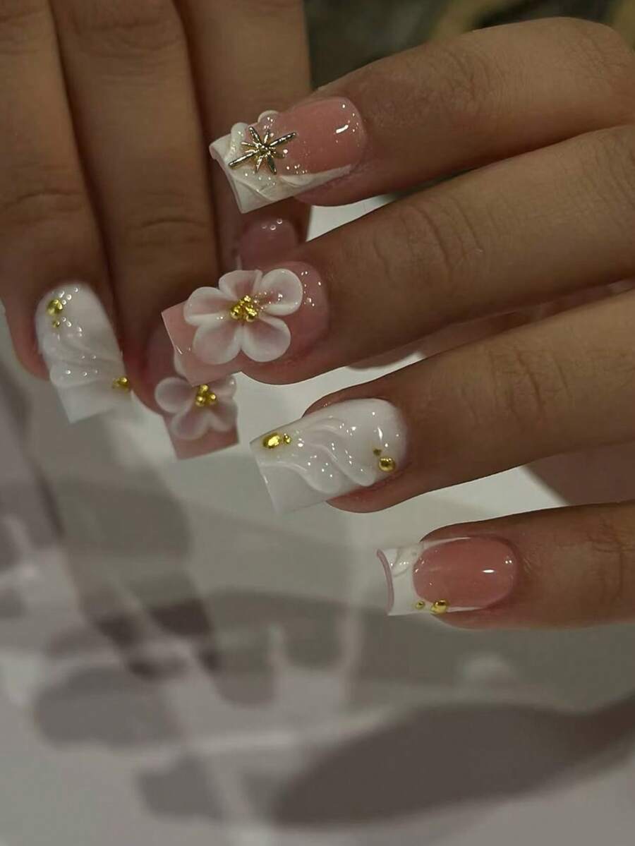 24片短方型3D凝膠美甲貼片,花卉珍珠法式美甲設計假指甲套組,含1片雙面背膠與1個指甲锉,法式美甲,適合女性與女孩日常與派對使用 - 彩色 - 查看 1