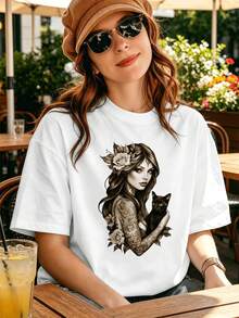 T-shirt con stampa di gatto e ragazza in stile gotico tatuato, in cotone di alta qualità, vestibilità ampia, casual, traspirante, nuovo arrivo. - Bianco - Visualizzare 1