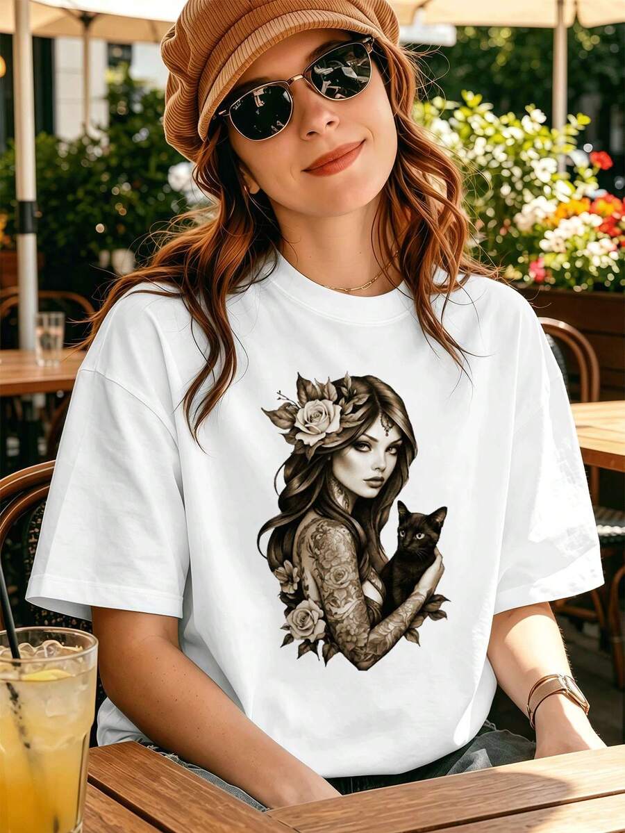T-shirt con stampa di gatto e ragazza in stile gotico tatuato, in cotone di alta qualità, vestibilità ampia, casual, traspirante, nuovo arrivo. - Bianco - Visualizzare 1