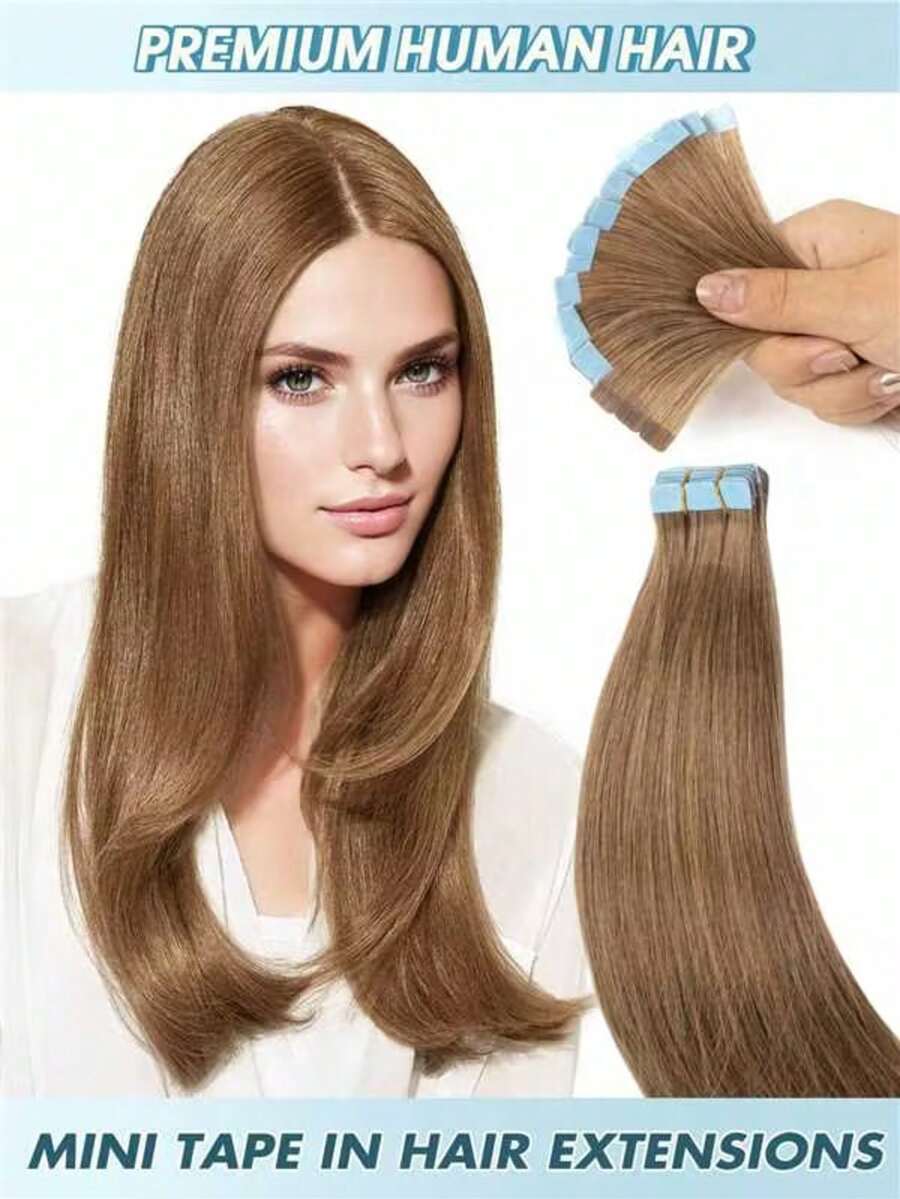 10pcs Mini Tape-In Hair Extensions, Real Human Hair, Chestnut Brown, 14-22 Inches, Remy Human Hair, Double-Sided Invisible Tape-In Extensions