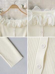 Autumn/Winter Casual Korean Sweet Style Ruffle Off-Shoulder Knit Sweater, Fitted Slim Fit Long Sleeve Top, Warm Gentle Elegant Versatile Base Layer, Apricot Color - Apricot - View 9