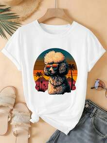 Vintage Poodle Sunset Print T-Shirt, Premium Cotton, Casual, Comfortable, Durable, Art Print. - White - View 2