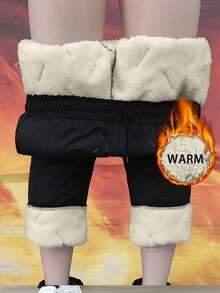 Women's Thermal Lined Thick Warm Pants, Drawstring Waist With Zipper Pockets, Winter Outdoor Sports Pants - Black - View 10