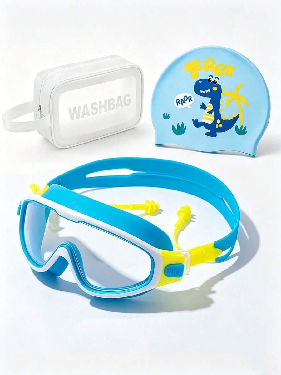 1pc Kids (Under 12) High Definition Large Frame Swim Goggles And Swim Cap Set, With Storage Bag, Waterproof, Anti-Fog, Anti-Leak, First Day Of School - Blue - View 1