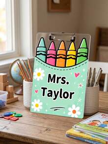 1pc Custom Teacher Name Crayon Bucket Clipboard, Personalized Cute Rainbow Crayon Writing Board, Pastel Pocket Art Clip Board,Teacher Appreciation Gift,Back To School,OfficeDesk Decor,Teacher Gift - Multicolor - View 9
