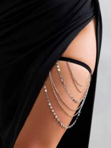 1pc European & American Sexy Women's Thigh Chain, Sweet & Cool Heart Tassel Leg Chain, Beach Leg Chain - Silver - View 4