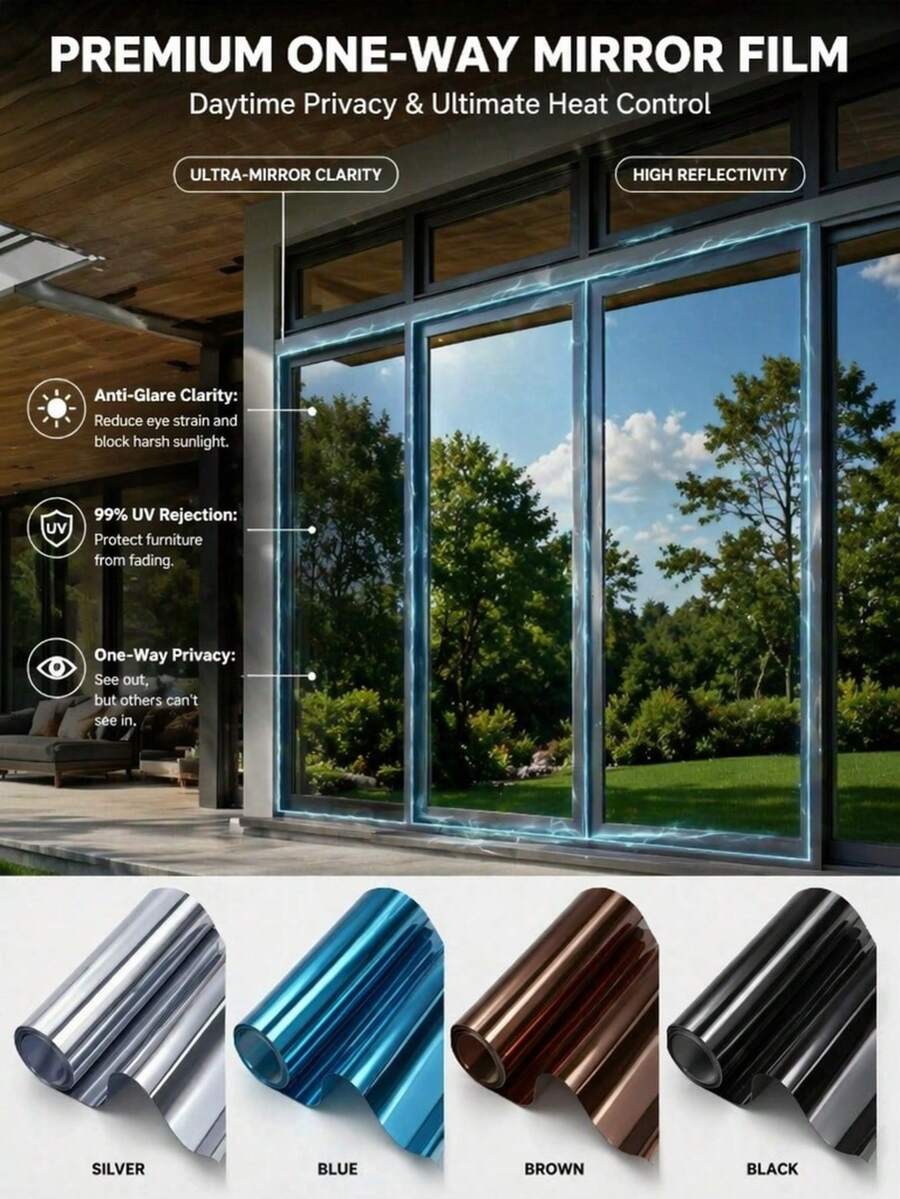 One-Way Mirror Window Film, Privacy Anti-Peeping, Day & Night Shade, Reflective Heat Insulation, UV Protection, Suitable For Home, Office, Bathroom, Glass Doors - 1PC - View 1