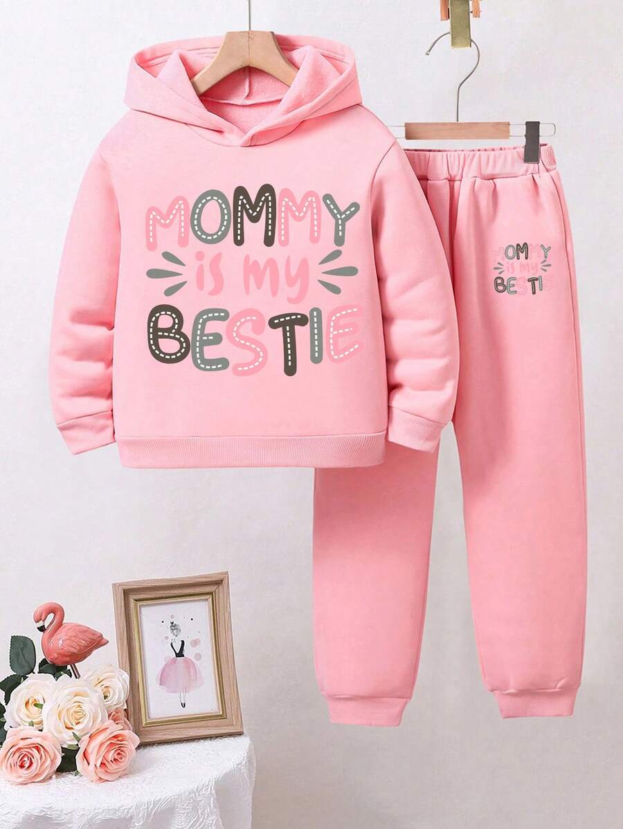 2pcs/Set Toddler Letter Print Warm Hoodie And Sweatpants Set - Pink - View 1