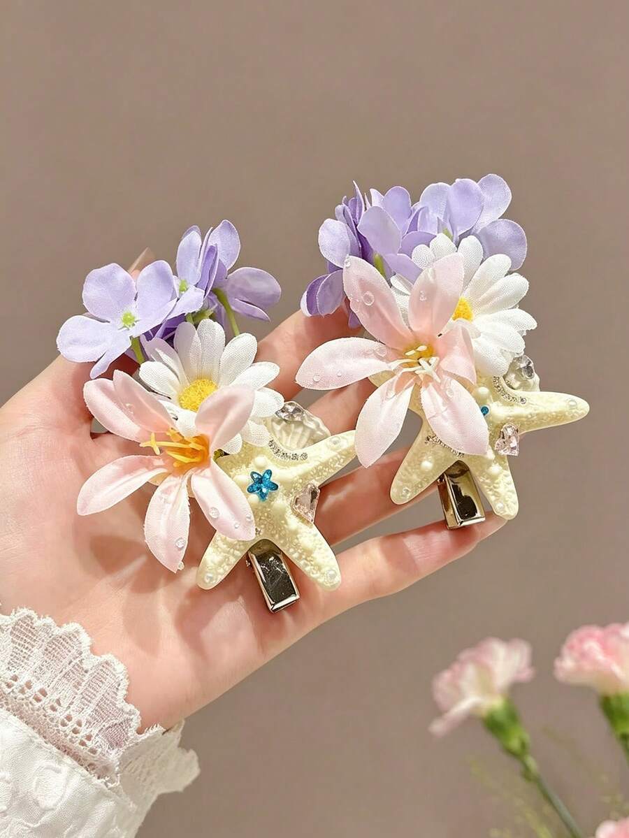 1 Piece Of Super Fairy Starfish Fabric Flower Side Hair Clip, Seaside Vacation Style, Light Luxury Atmosphere Hair Accessory - Multicolor - View 1