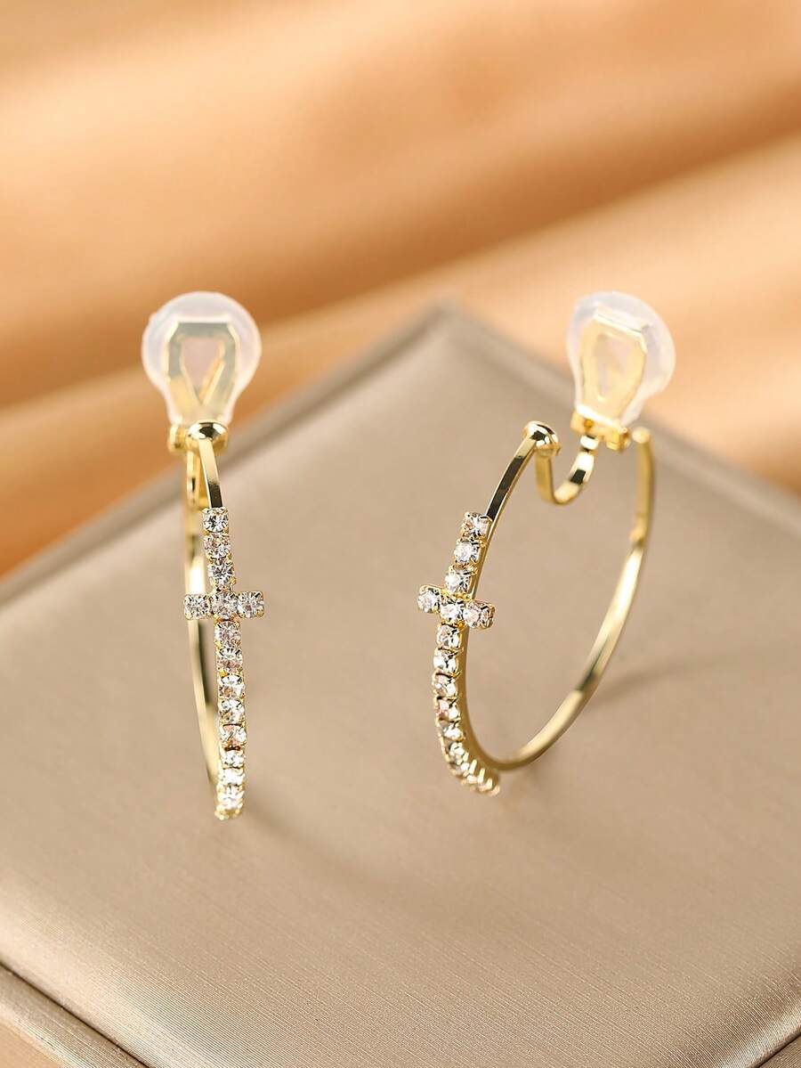 1 Pair Fashionable New Rhinestone Cross Circle Clip-On Earrings For Women, No Piercing Required, Elegant Elegant Ear Jewelry