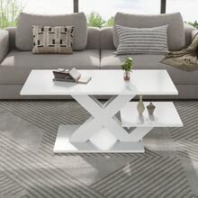 White Rectangular Coffee Table, Double Tabletop, Glossy Finish, Side Table, Sofa Table, Living Room Table Made Of MDF, Geometric X-Shaped Legs, Load Capacity Up To 10 Kg, 100x48x45cm - White - View 1