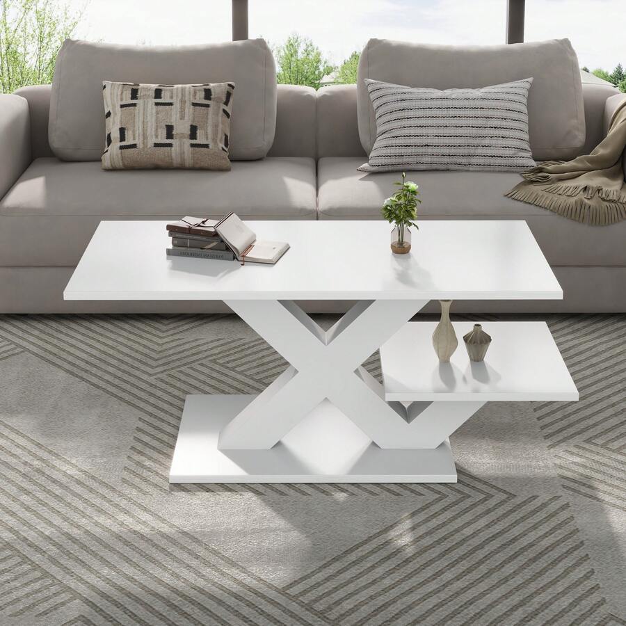 White Rectangular Coffee Table, Double Tabletop, Glossy Finish, Side Table, Sofa Table, Living Room Table Made Of MDF, Geometric X-Shaped Legs, Load Capacity Up To 10 Kg, 100x48x45cm - White - View 1