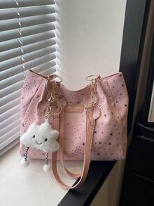 1pc Cloud Pendant Decor Colorful Star Pattern Polyester Fiber Large Capacity Zipper Fashion Shoulder Bag Suitable For Women's Daily Use - Multicolor - View 1