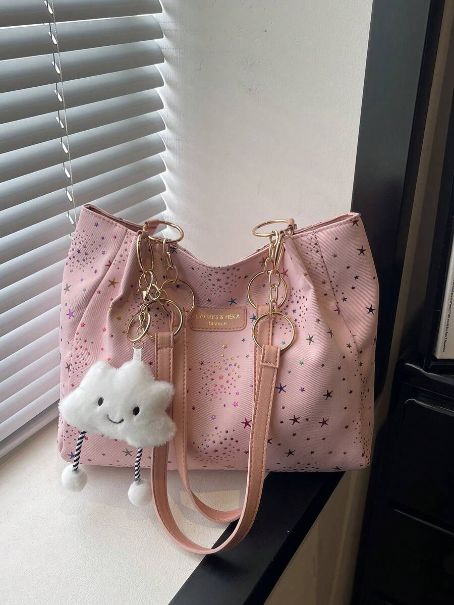 1pc Cloud Pendant Decor Colorful Star Pattern Polyester Fiber Large Capacity Zipper Fashion Shoulder Bag Suitable For Women's Daily Use - Multicolor - View 1