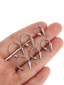 6PCS 8/10/12MM Horseshoe Long Short Spike/Ball Labret Rings, Lip Piercing Jewelry Lip Rings,Steel Septum Helix Conch Piercing Jewelry - Silver - View 6
